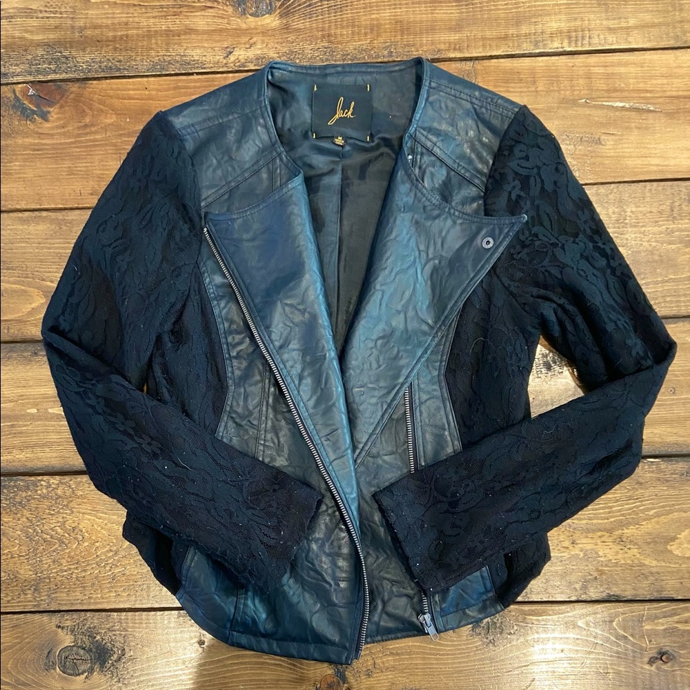 Faux Leather Jacket ~ lace sleeves
